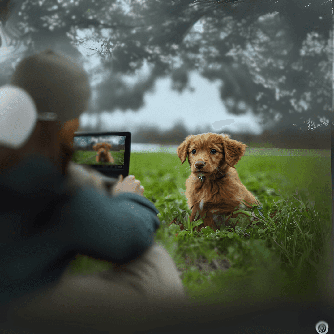 Person taking a photo of a brown puppy sitting in a grassy field on an overcast day.